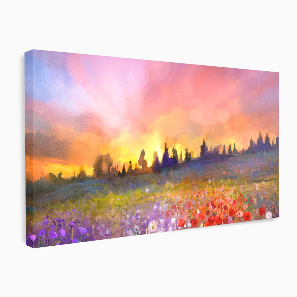Tablou canvas cu tablou canvas cu camp cu flori si apus, fara rama, pe sasiu de lemn